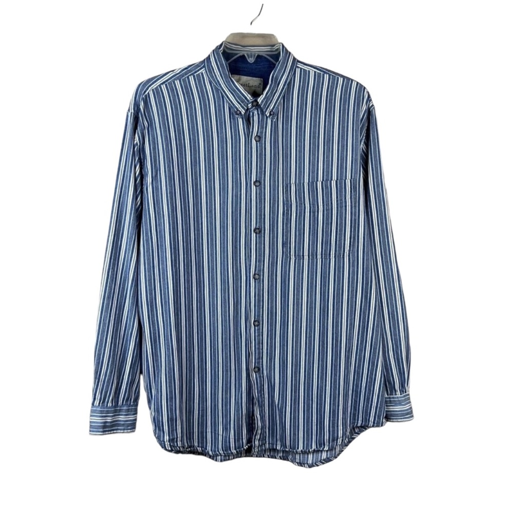 Men’s GreatLand Button Down Collar Long Sleeve Blue White Stripe Shirt s…